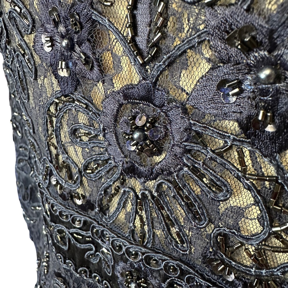 Sue Wong Navy Blue Beaded Lace Cocktail Dress V-Neck 3/4 Sleeve Formal Gown - Picture 16 of 16